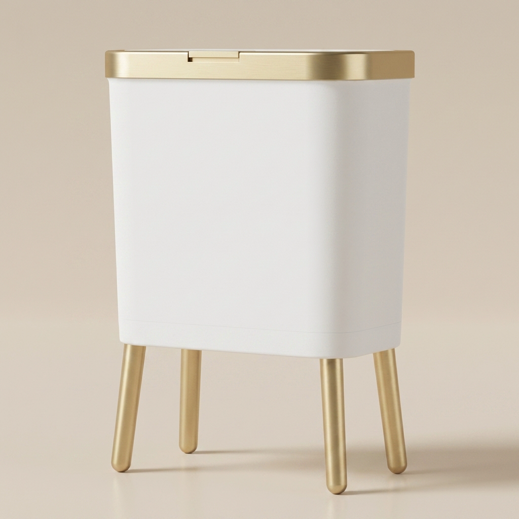 White trash bin with gold accents on a beige background