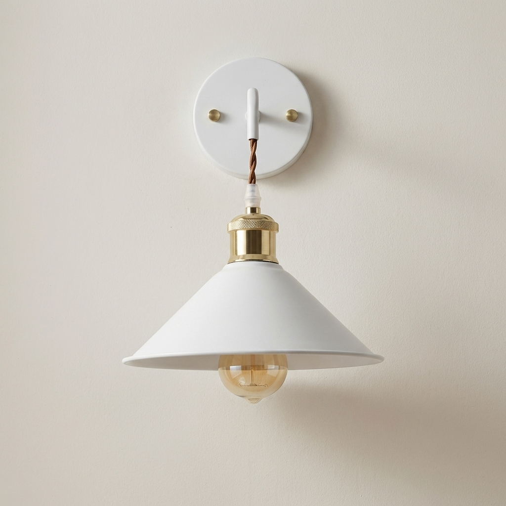 Wall-mounted light fixture with white shade and gold accents on a beige wall.
