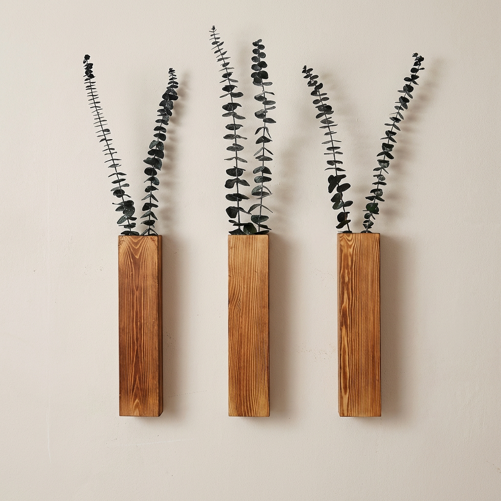 Three wooden wall planters with eucalyptus branches on a beige wall.