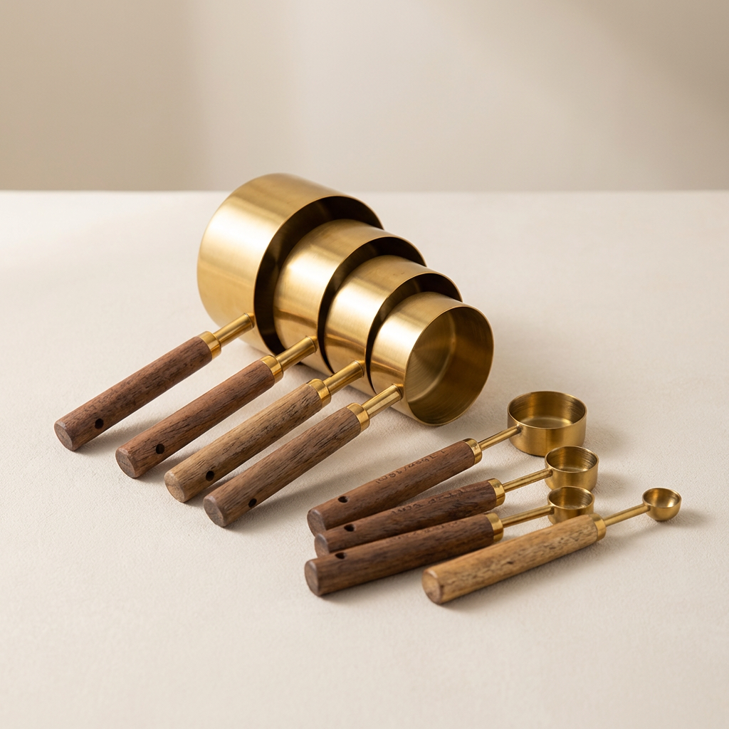 Set of brass measuring cups with wooden handles on a beige background