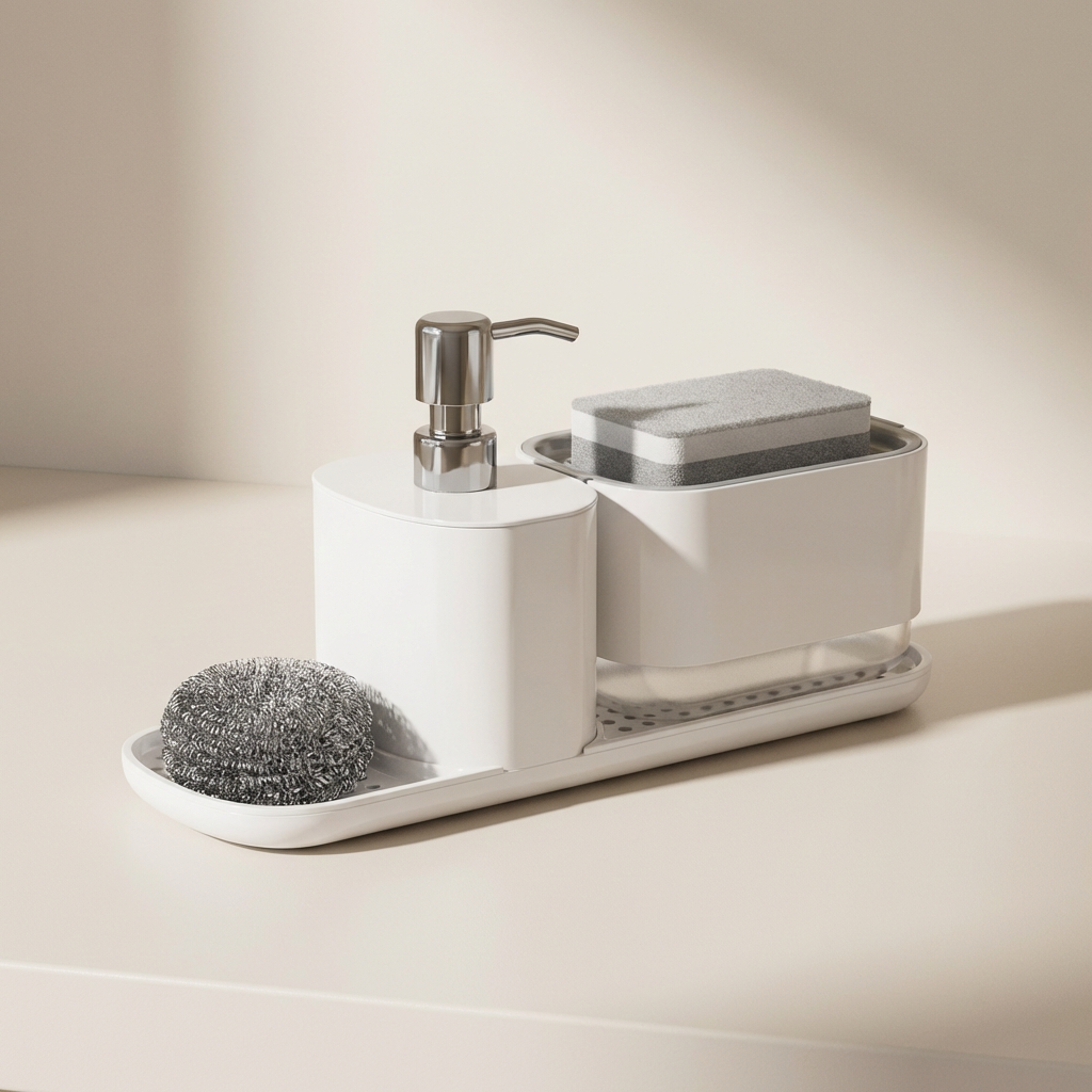 White dishwashing station with soap dispenser, sponge, and scrubber on a beige surface.