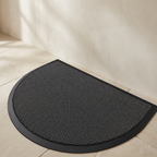 Black textured doormat on a beige tiled floor