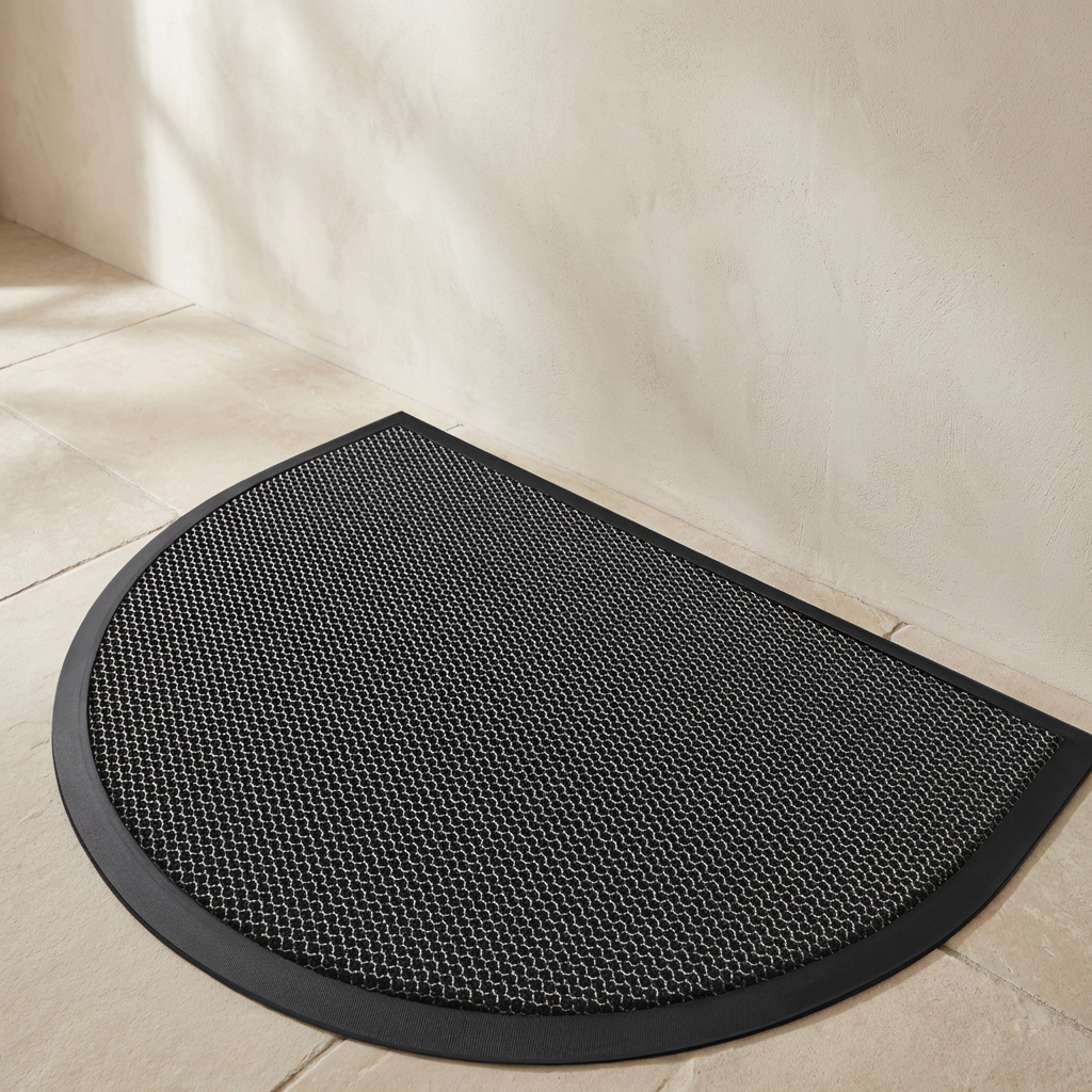 Black textured doormat on a beige tiled floor