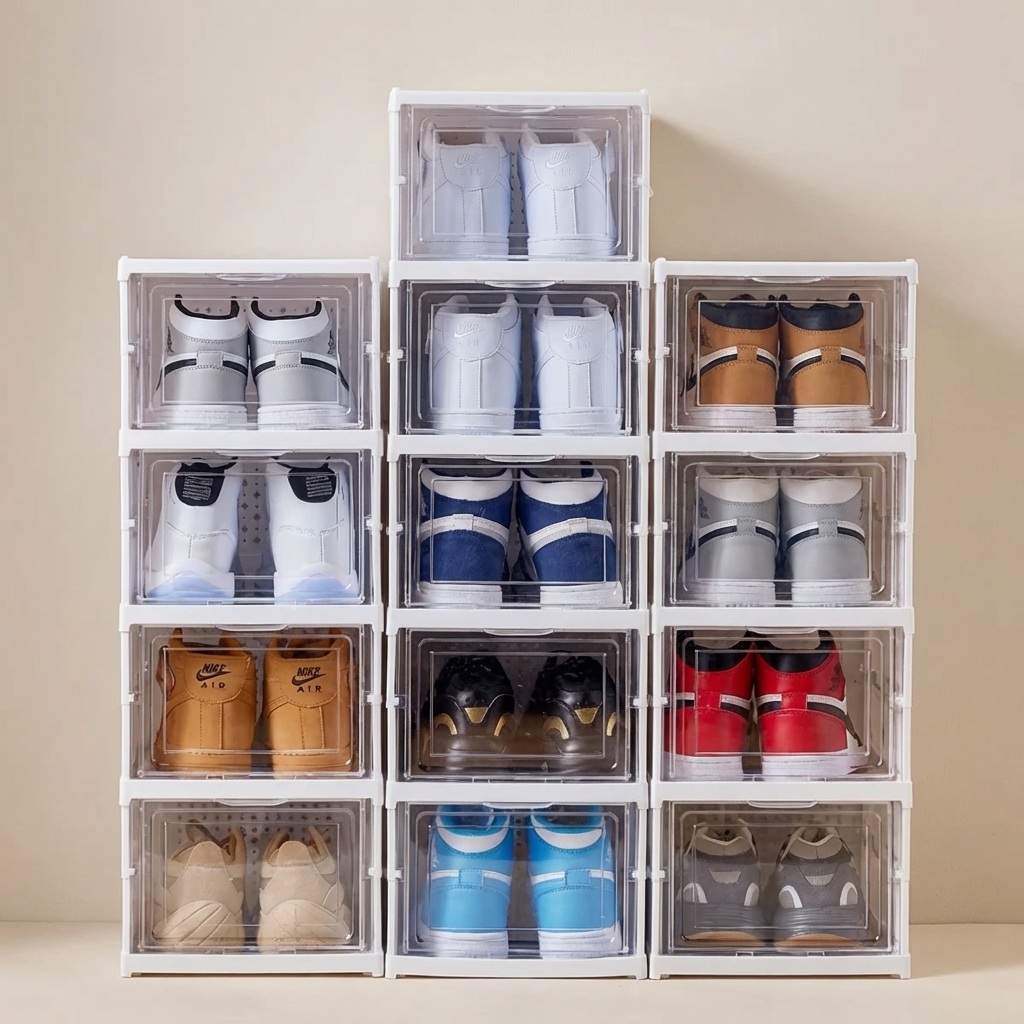 Clear shoe storage boxes with various shoes inside on a beige background