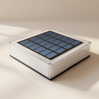 Solar panel in a clear plastic box on a light background