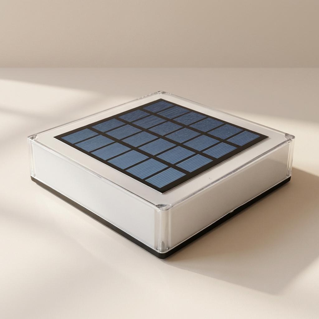Solar panel in a clear plastic box on a light background