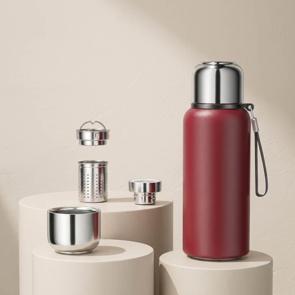 Red thermos bottle with silver cap and accessories on a beige background
