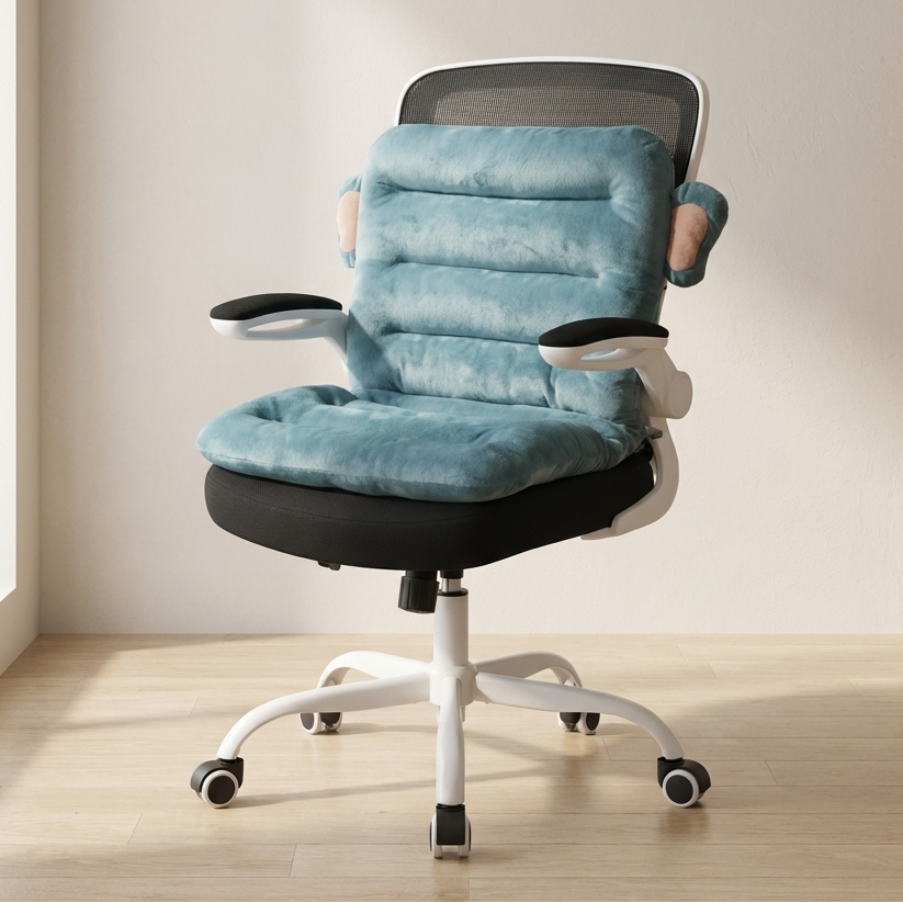 Office chair with a blue cushion in a room with a window.