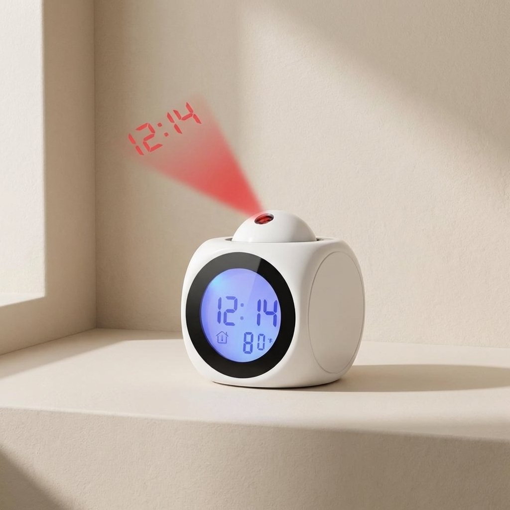 White digital clock with red projection on a beige wall