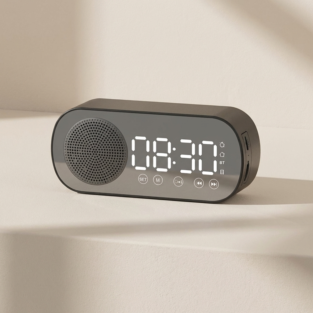 Digital clock with speaker on a beige background