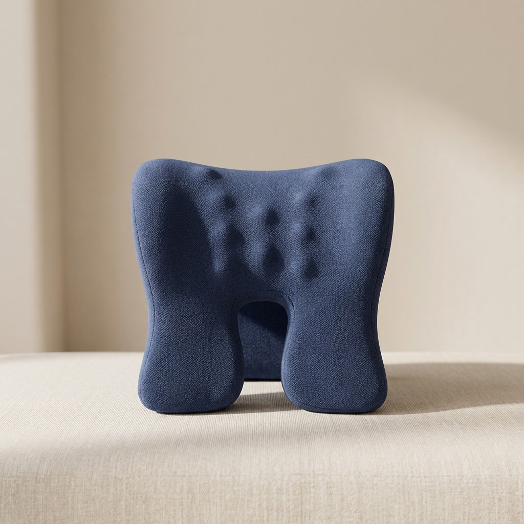 Blue neck pillow on a beige surface with a neutral background