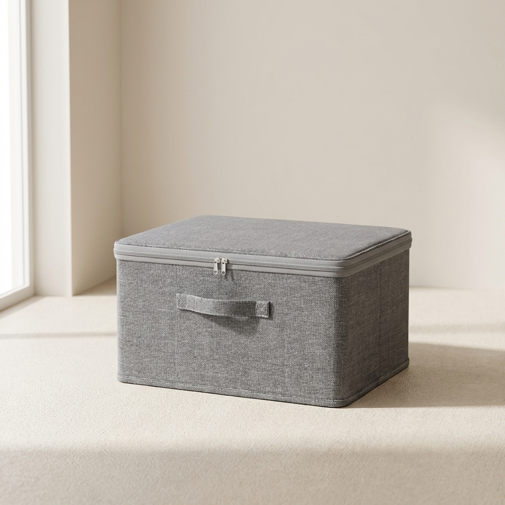Gray storage box with a lid on a light beige surface.