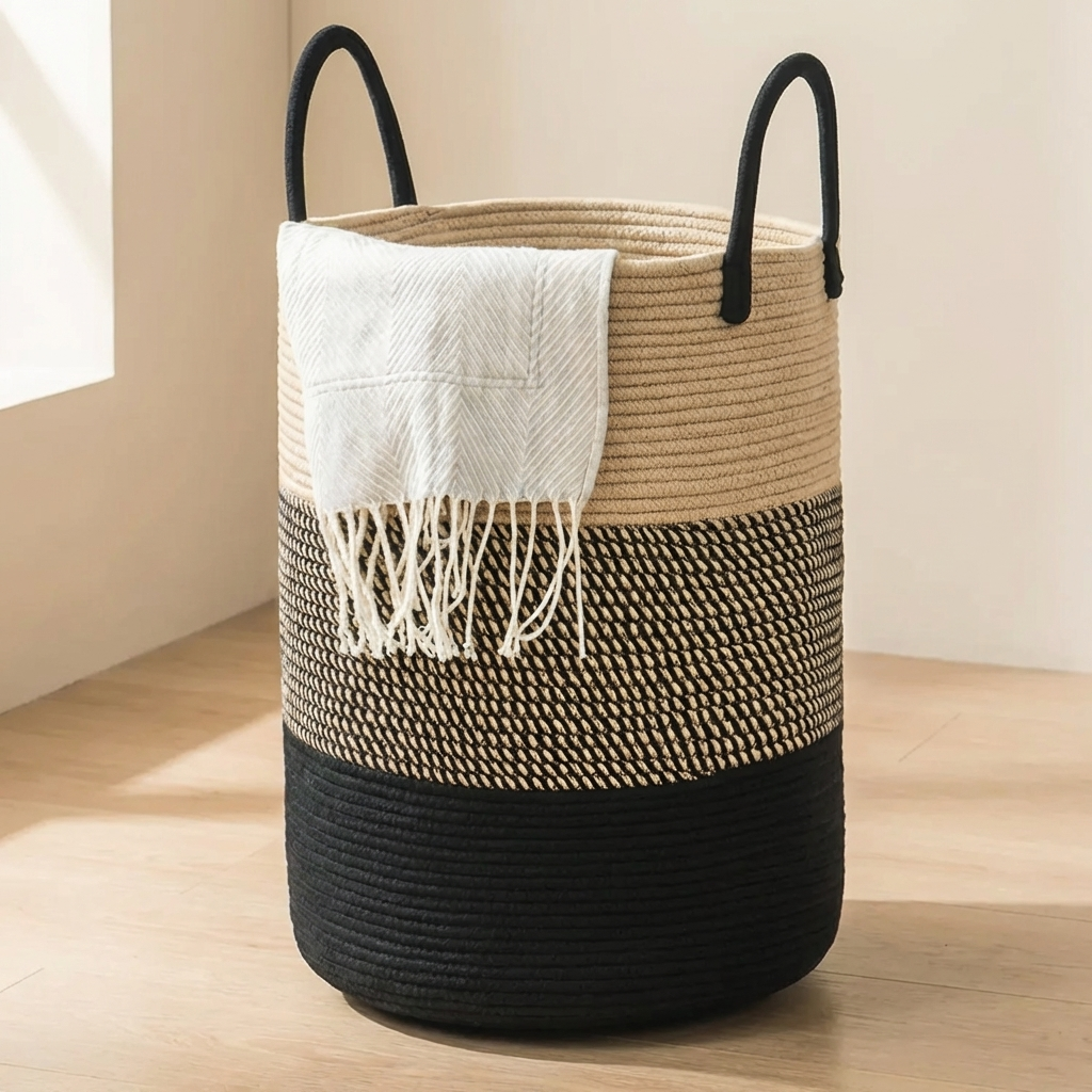 Woven basket with black and beige design on a wooden surface