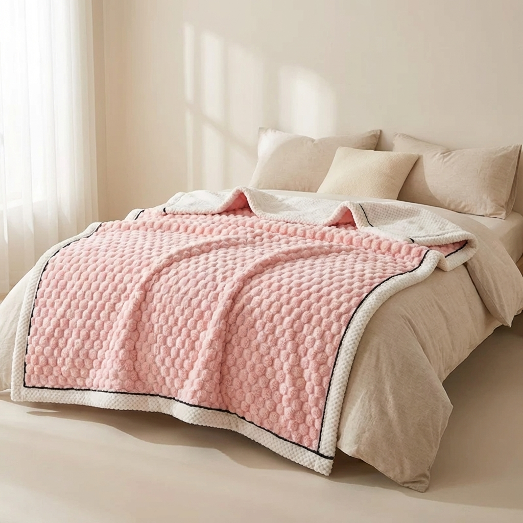 Pink quilted cover on a bed with beige pillows in a softly lit room.