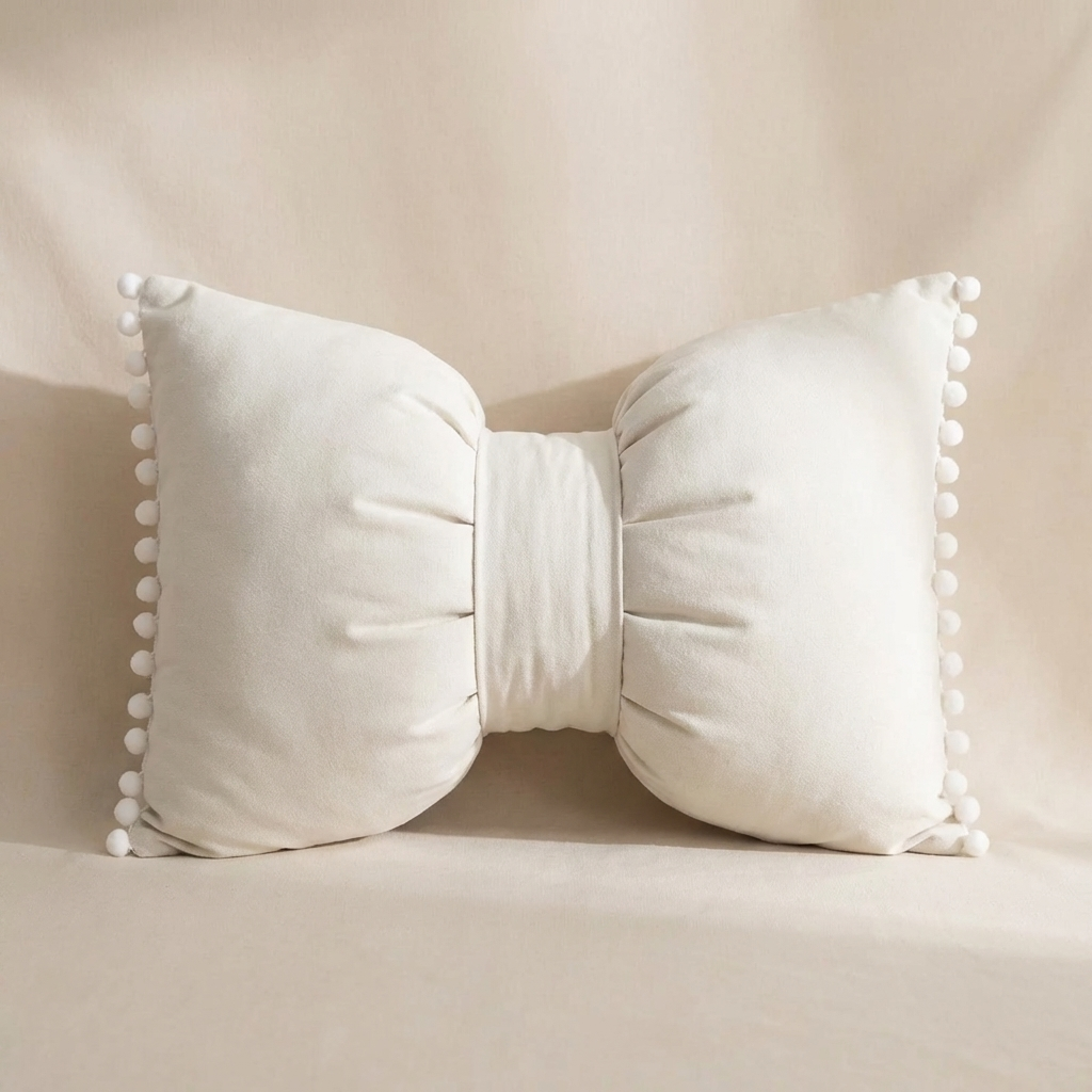 Bow-shaped decorative pillow with pom-pom details on a beige background
