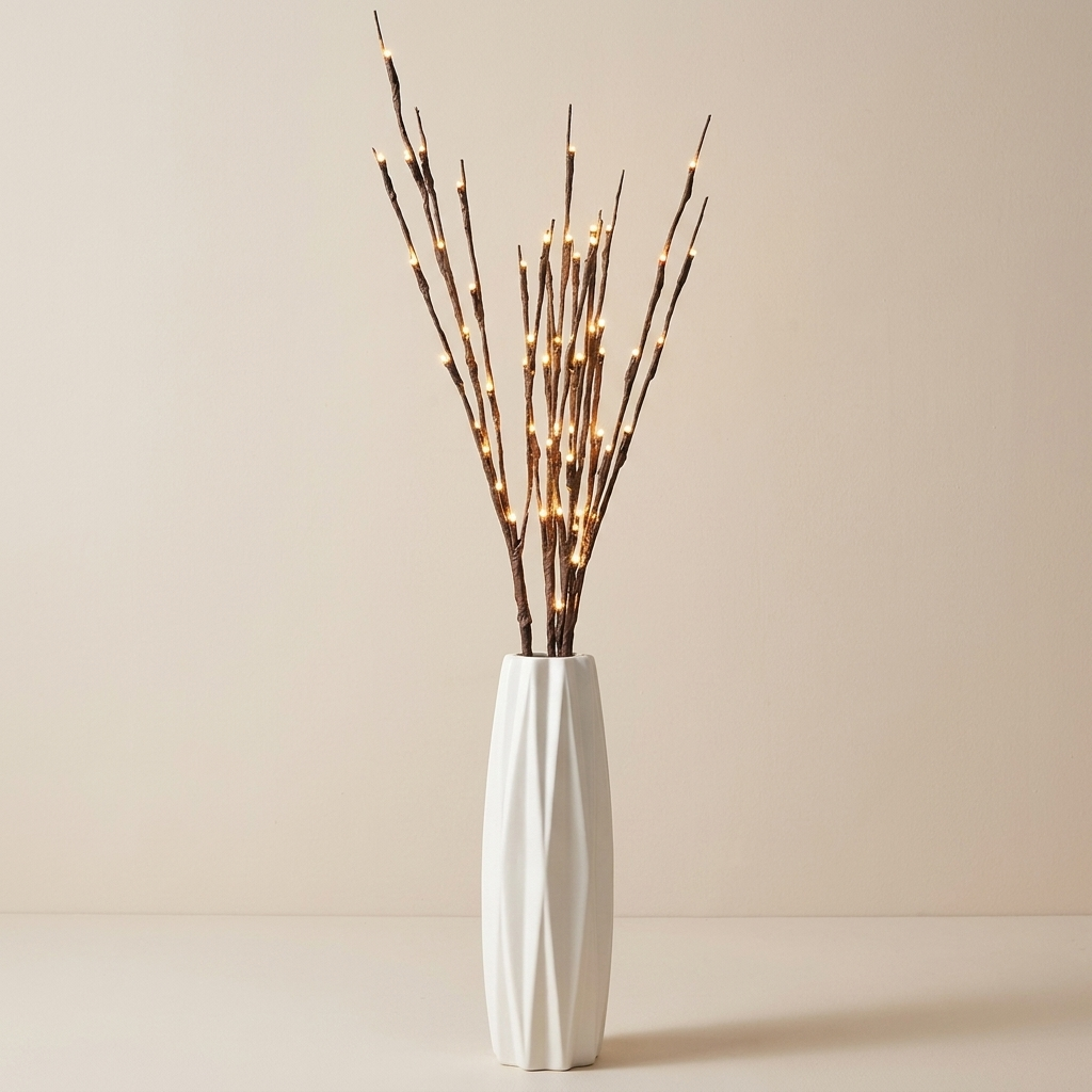 White vase with decorative sticks on a beige background