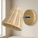Wicker wall lamp fixture on a neutral wall