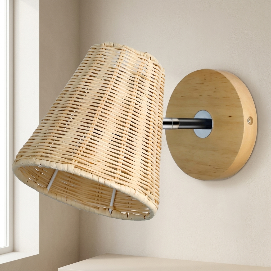 Wicker wall lamp fixture on a neutral wall