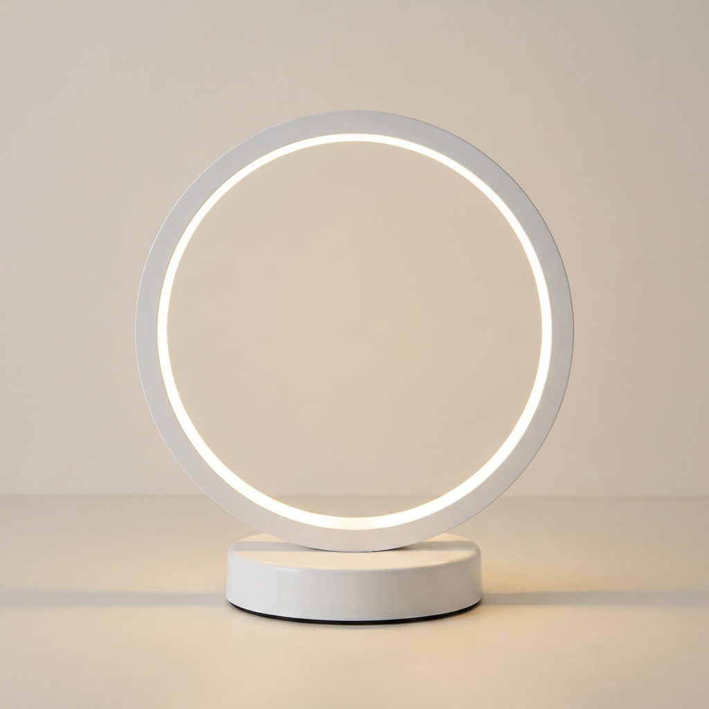 Modern table lamp with circular illuminated design on a neutral background