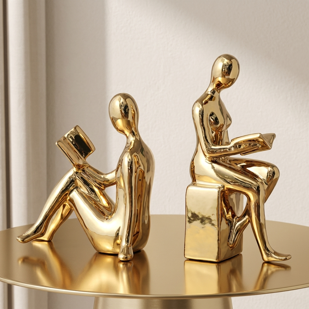 Two gold-colored sculptures of people on a reflective surface with a neutral background