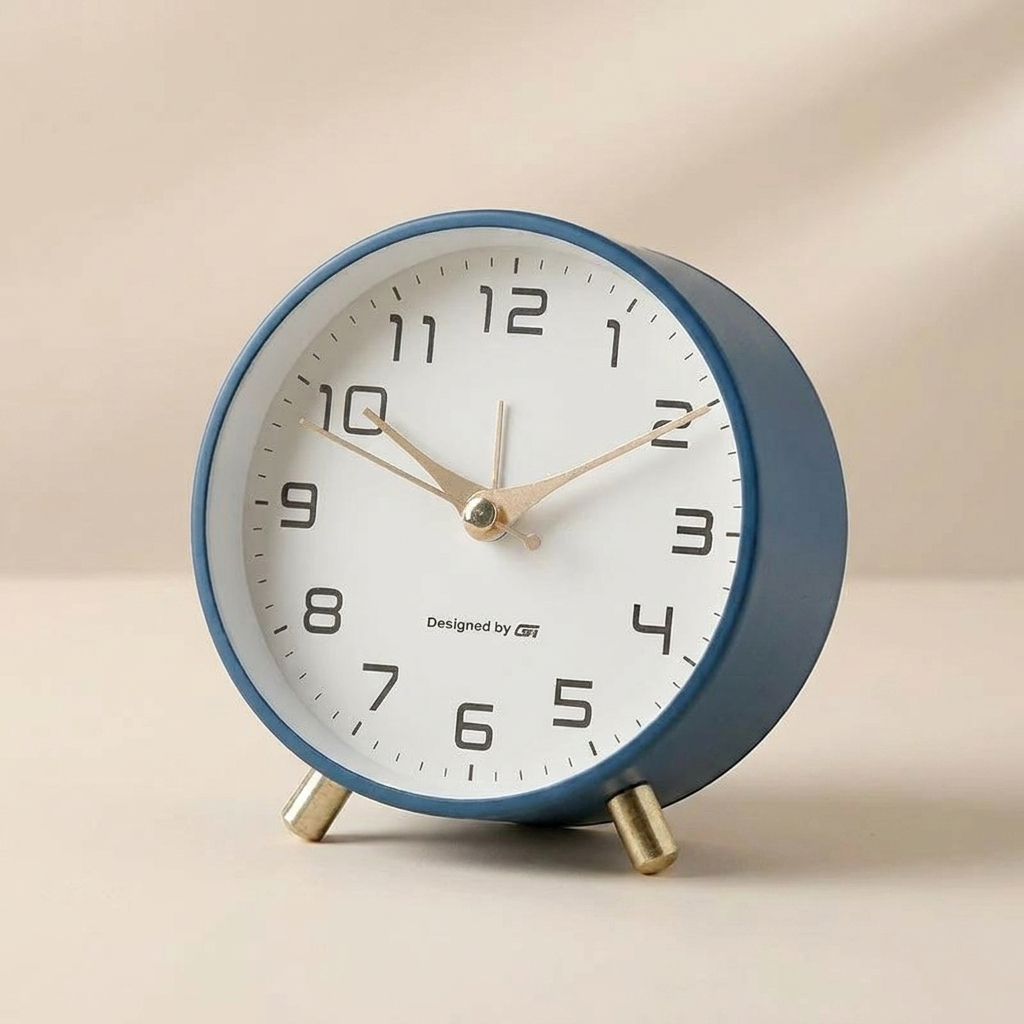Blue alarm clock with white face on a beige background