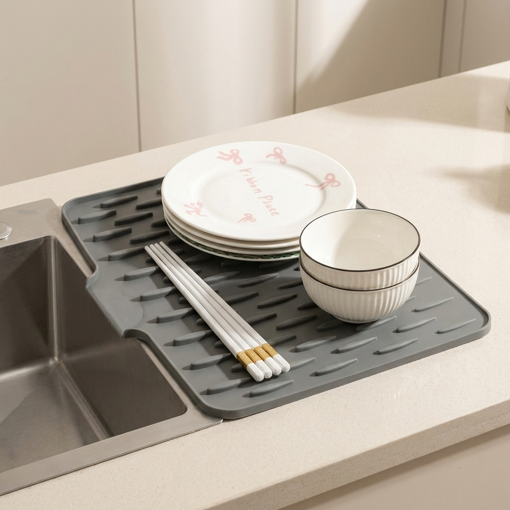 Gray dish drying mat with plates, bowls, and chopsticks on a kitchen counter.