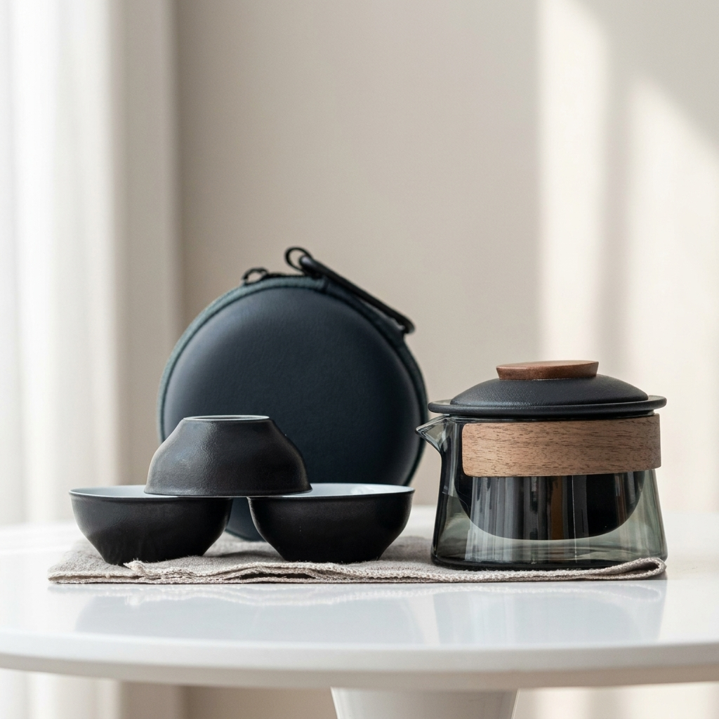 Set of black ceramic bowls and a glass teapot with wooden lid on a white surface.