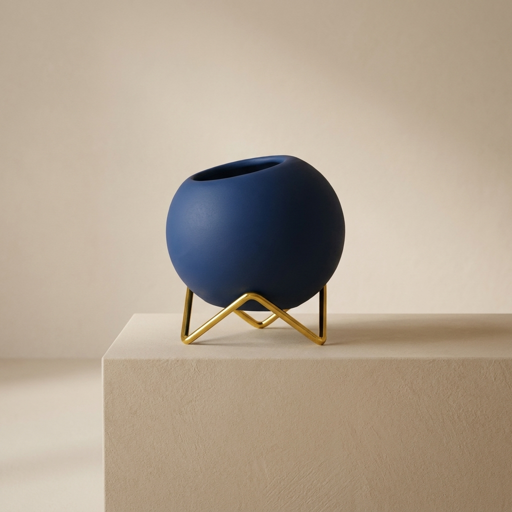 Blue spherical vase on a gold stand against a beige background