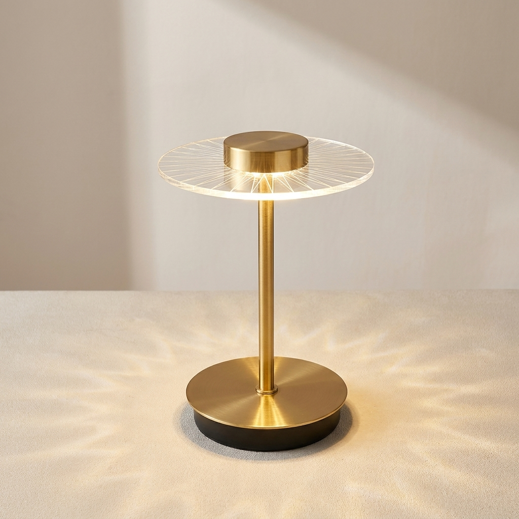 Gold table lamp with a modern design on a neutral background