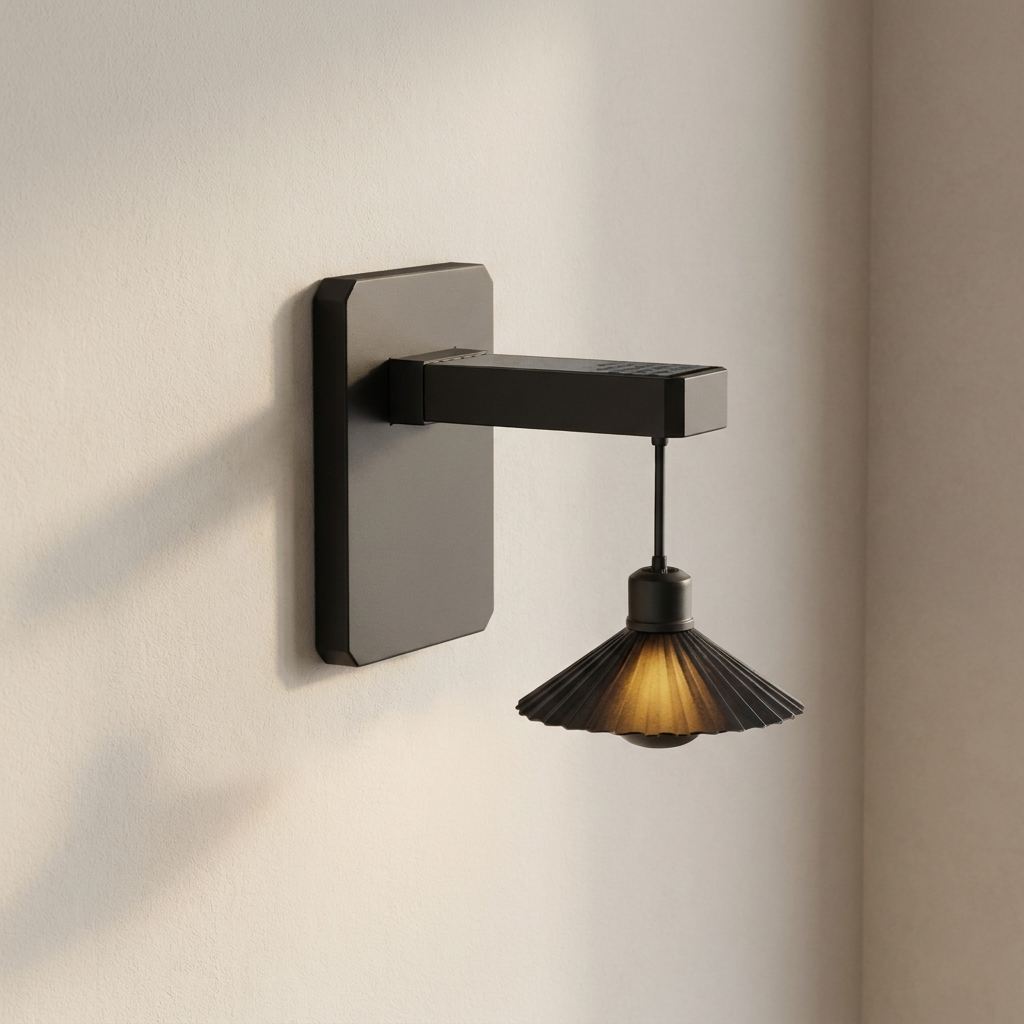 Modern wall-mounted light fixture with a black frame and glass shade on a neutral background