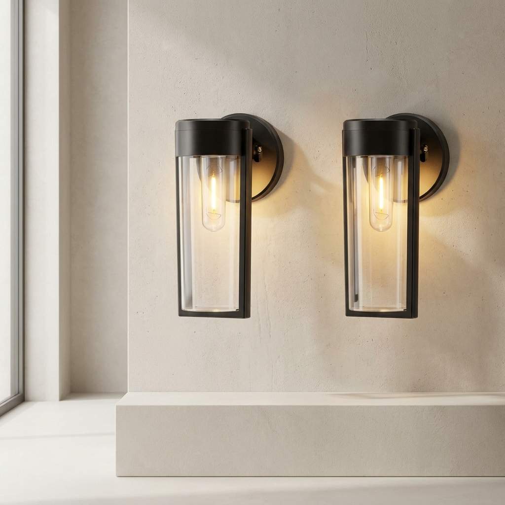 Two wall-mounted outdoor lights on a neutral wall.