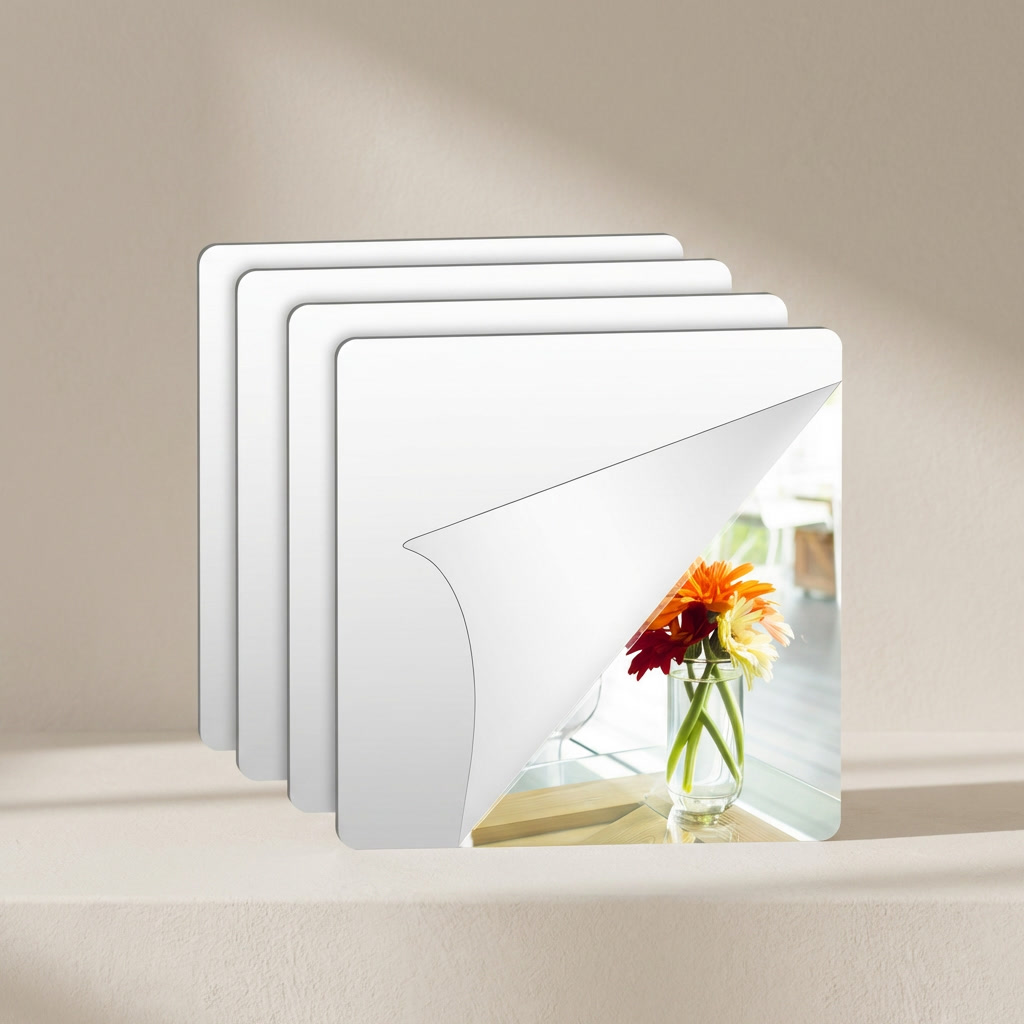 Set of four square mirror coasters on a beige surface with a blurred background