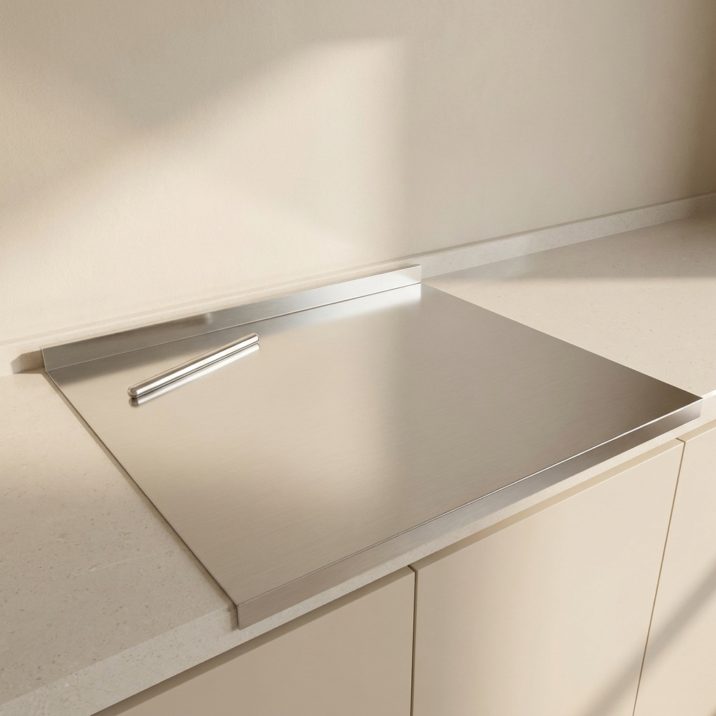 Stainless steel cooktop on a kitchen countertop with a neutral background