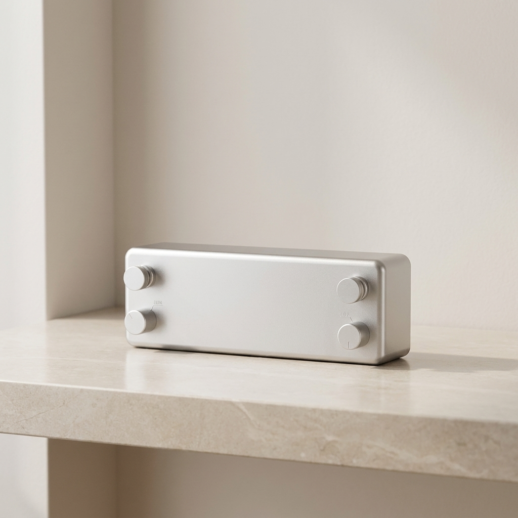 Rectangular white device with three knobs on a light wooden shelf.