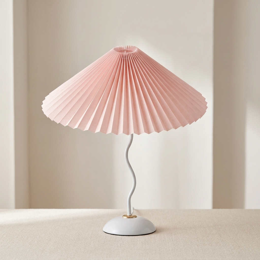 Table lamp with a pleated pink shade on a neutral background