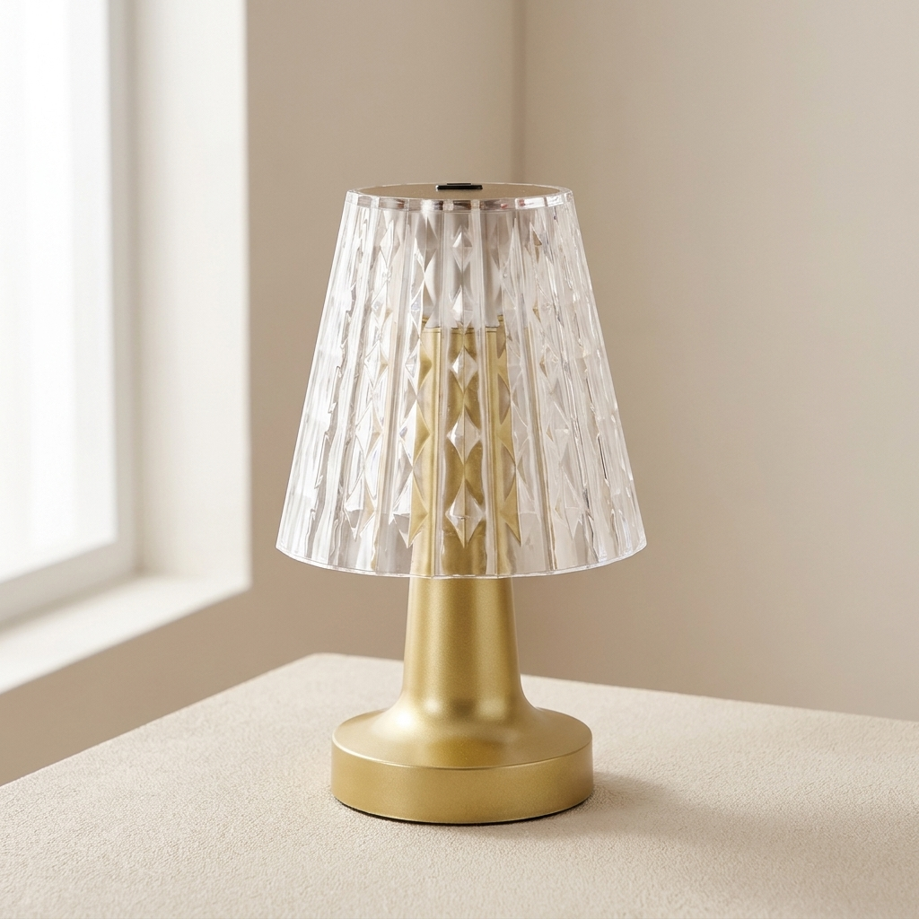Gold table lamp with a clear, textured shade on a beige surface.
