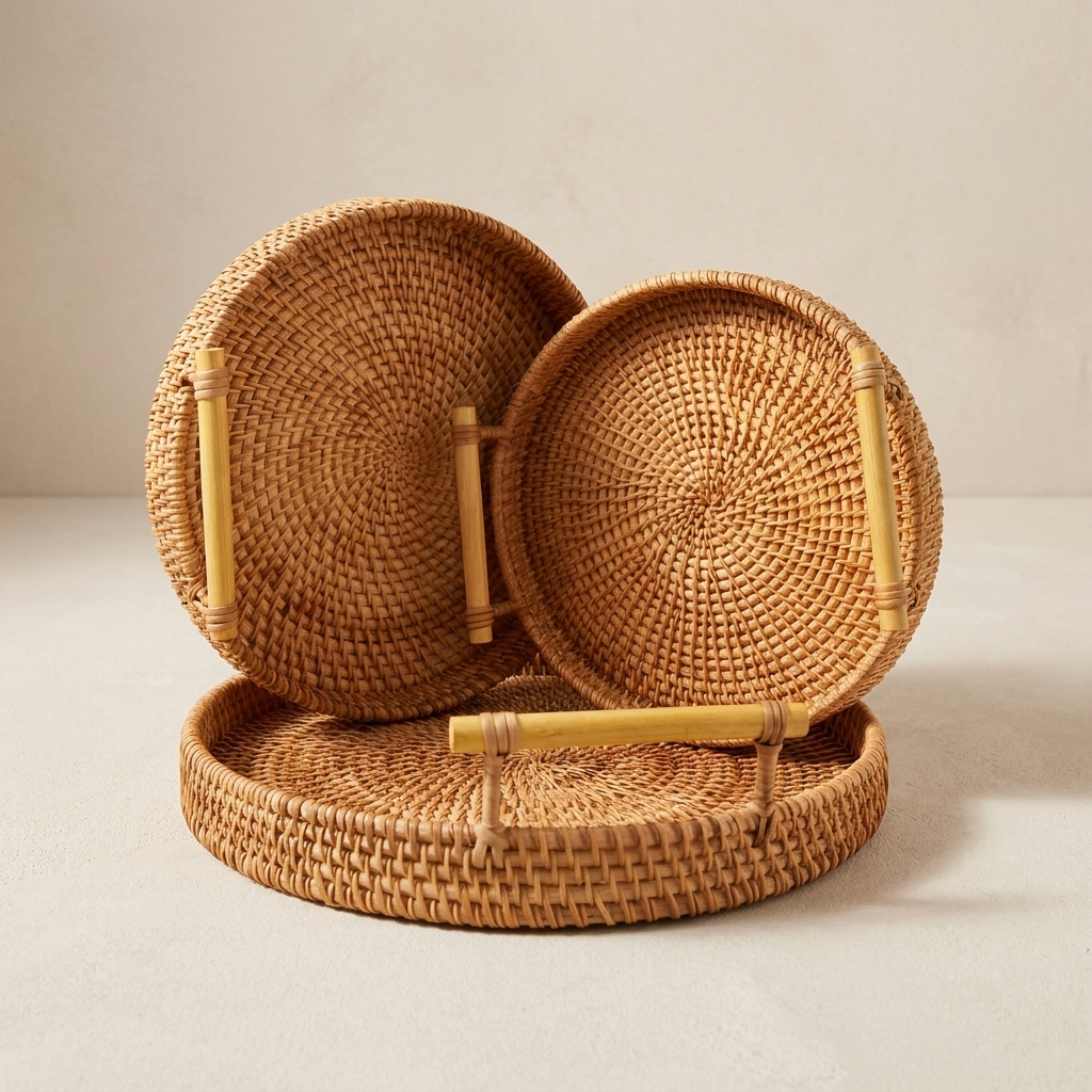 Woven rattan basket with lid on a neutral background