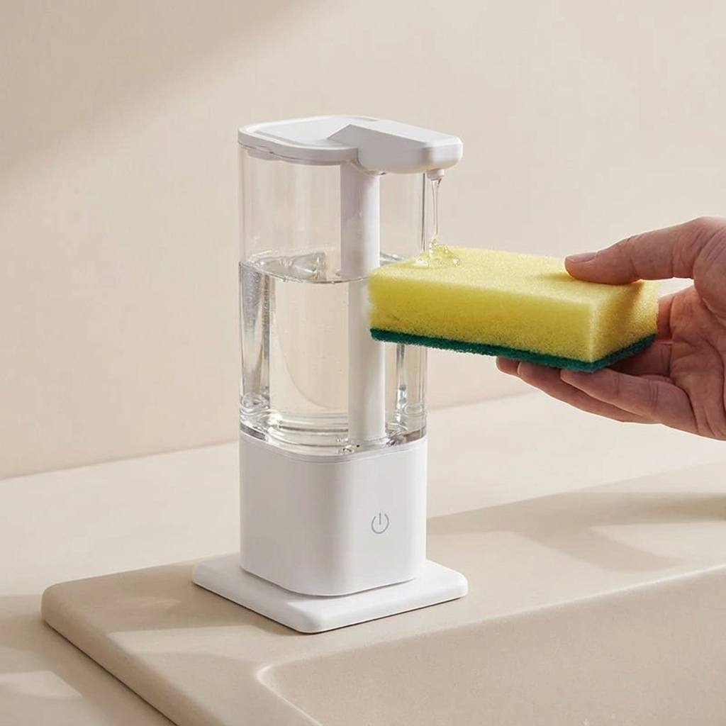 Hand holding a sponge over a white soap dispenser on a beige countertop.