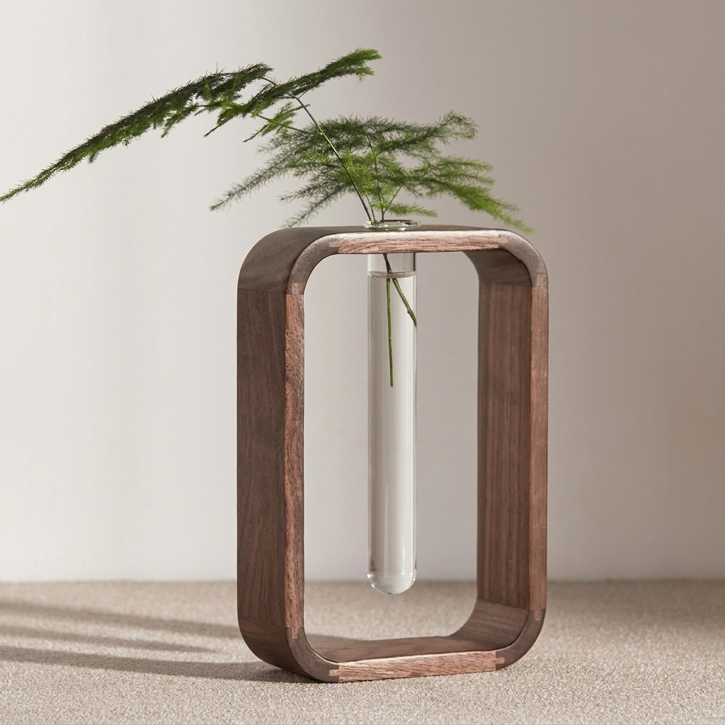 Wooden vase holder with a white vase and green plant on a neutral background