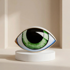Decorative eye sculpture on a white pedestal against a beige background