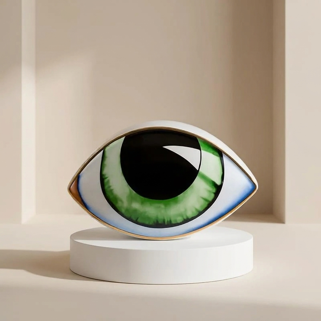 Decorative eye sculpture on a white pedestal against a beige background