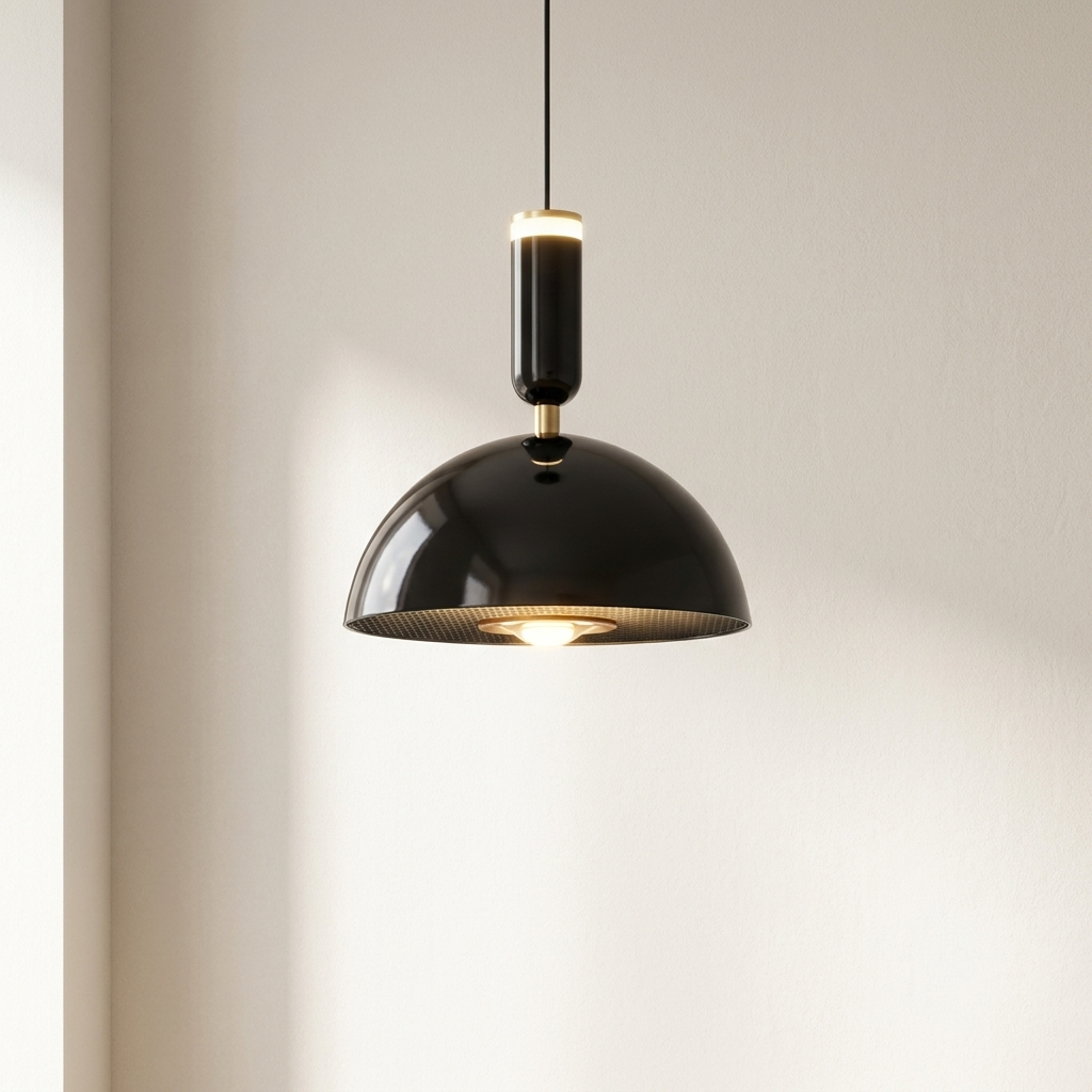 Modern black pendant light against a neutral background
