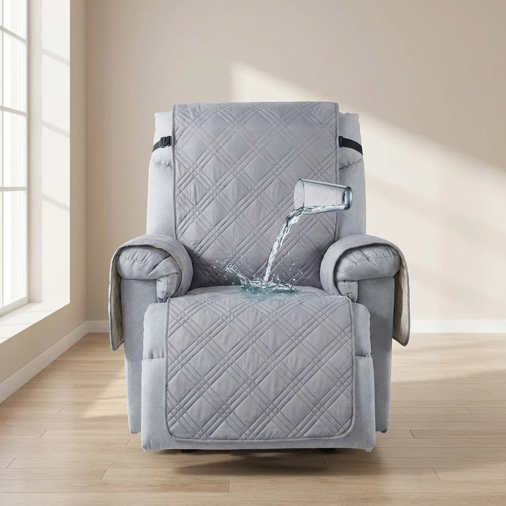 Gray quilted armchair with water being poured onto it in a room with a window.