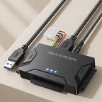 USB 3.0 to IDE/SATA adapter with cables on a beige surface