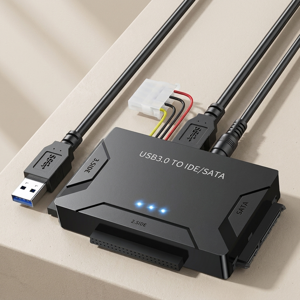 USB 3.0 to IDE/SATA adapter with cables on a beige surface