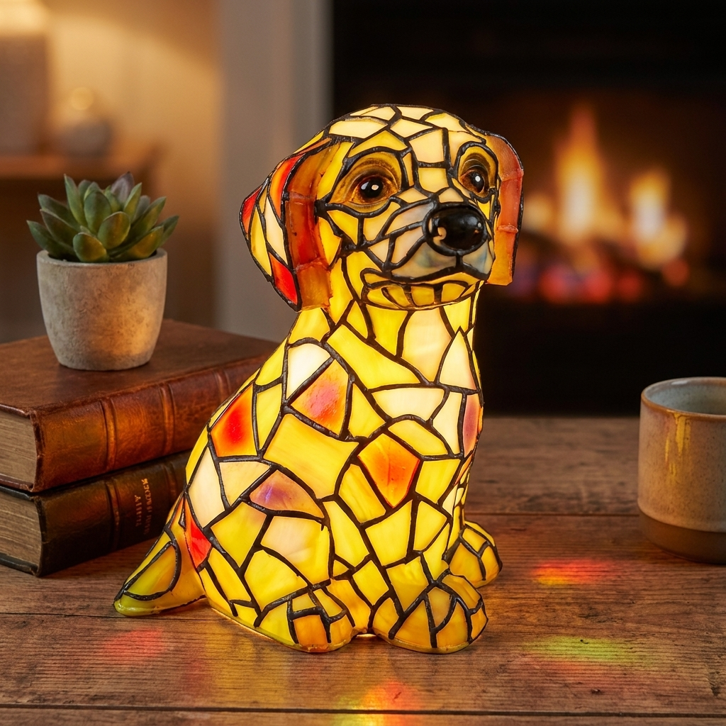 Stained glass dog lamp on a wooden surface with a warm glow, books, and a plant in the background.