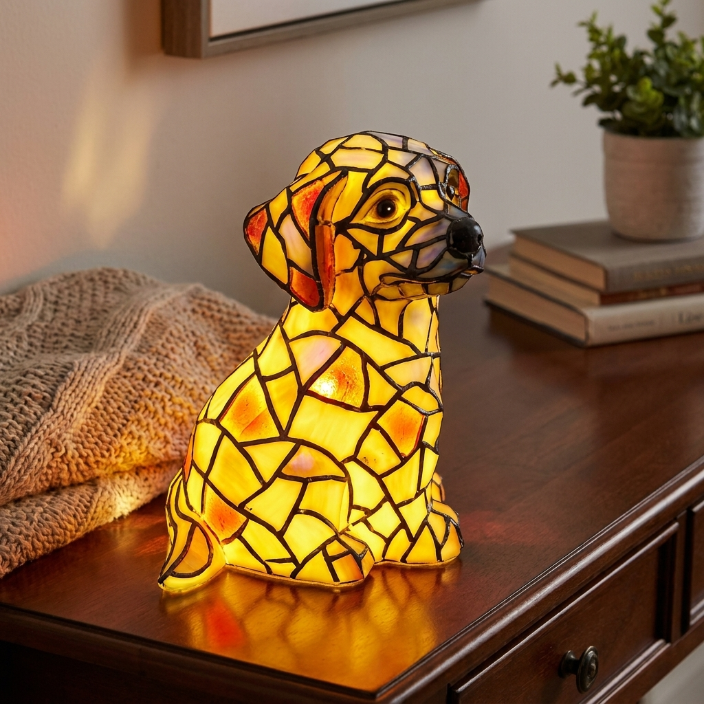 Stained glass dog lamp on a wooden surface with books and a plant in the background