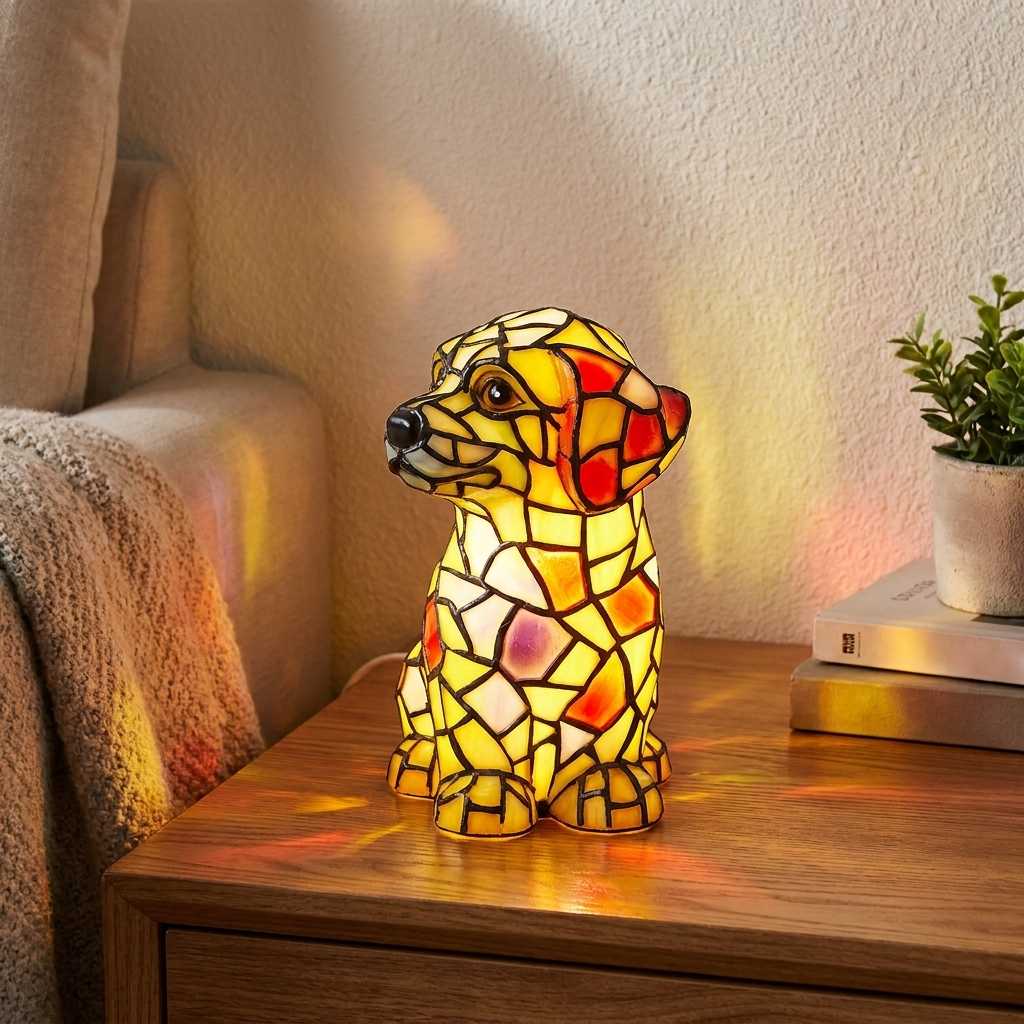 Stained glass dog lamp on a wooden surface with a cozy background