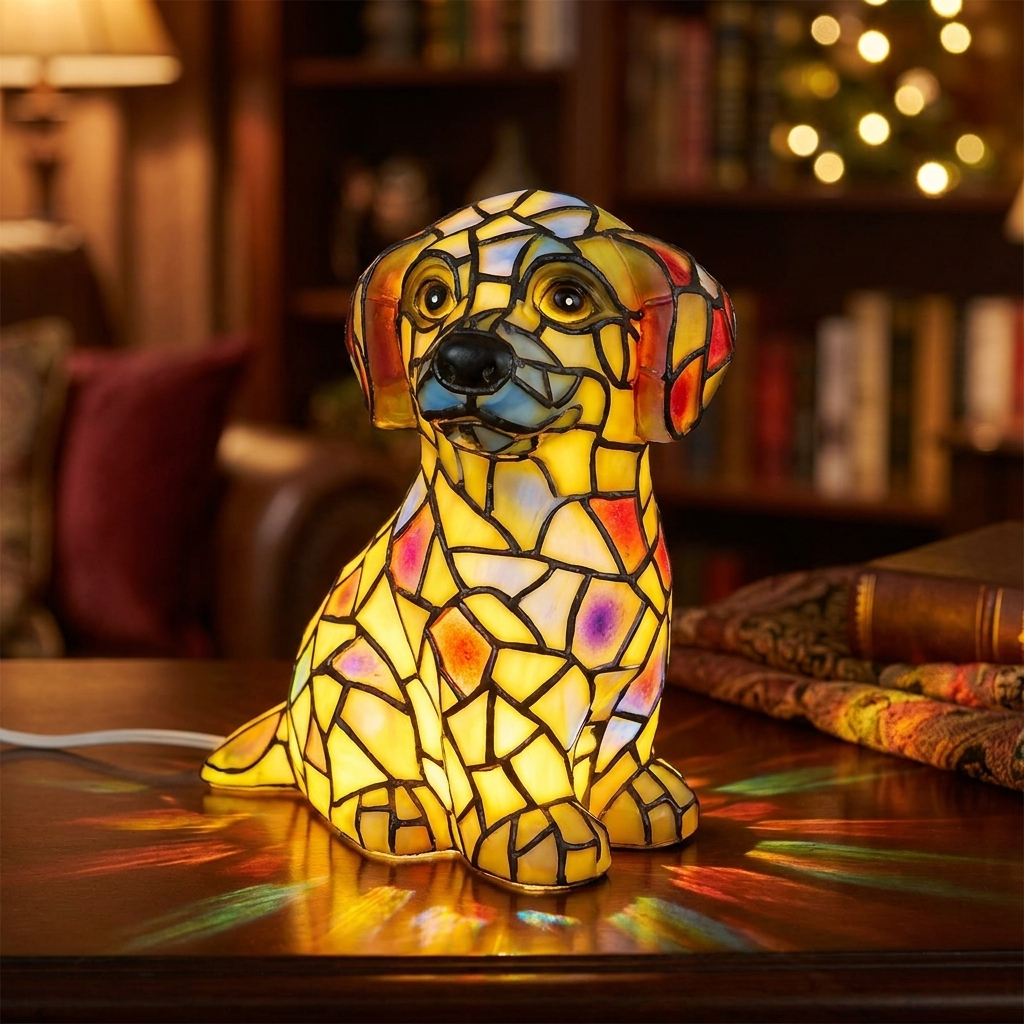 Stained glass dog lamp on a table with a cozy room background
