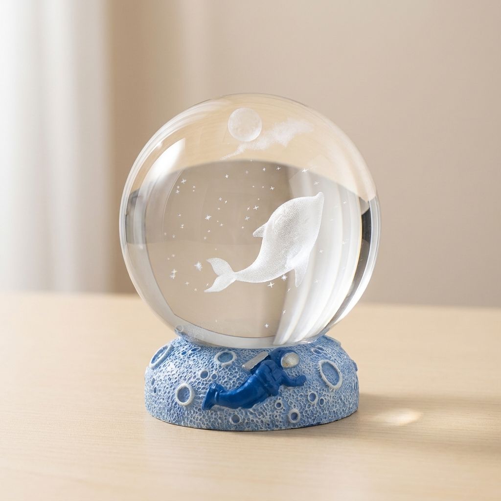 Decorative glass ball with a dolphin design on a beige background